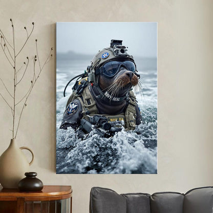 Navy Seal Animal Art Print, Tactical Seal Wall Decor, Funny Military Gift for Him, Man Cave Canvas Art