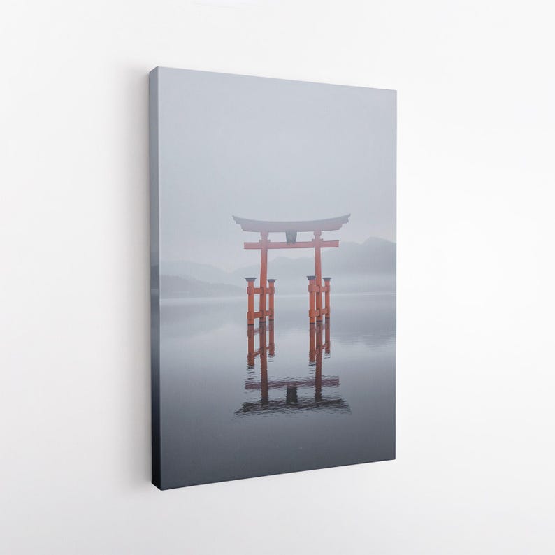 Japanese Torii Gate Canvas Print | Misty Japan Water Wall Art | Zen Home Decor | Travel Photo