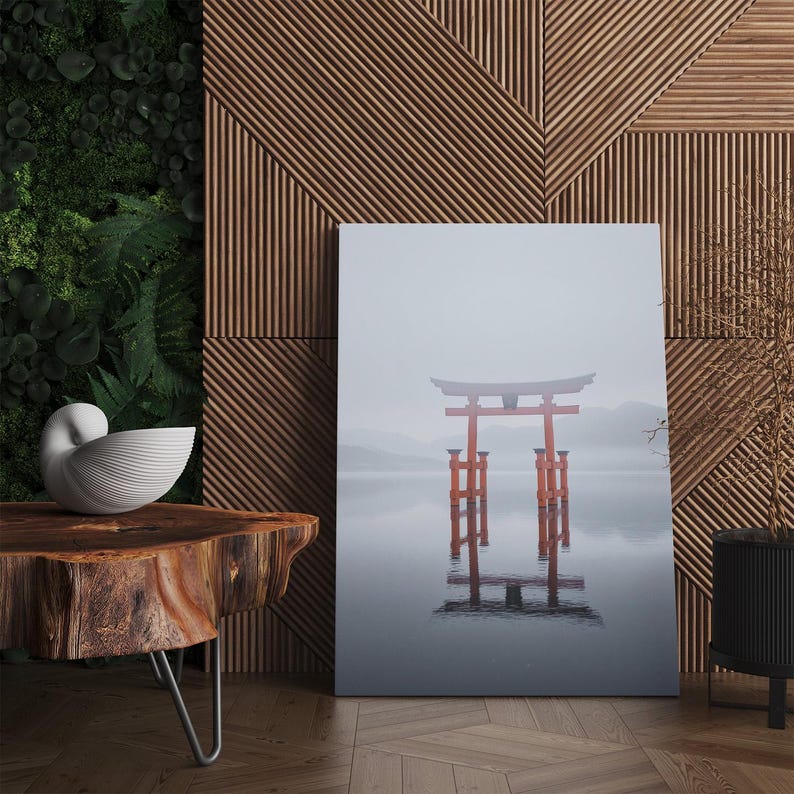 Japanese Torii Gate Canvas Print | Misty Japan Water Wall Art | Zen Home Decor | Travel Photo