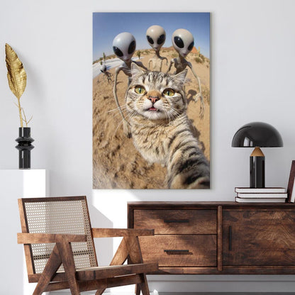 Funny Cat Selfie with Aliens Canvas Print, Humorous Sci-Fi Desert Wall Art Decor, Quirky Gift for Cat & Sci-Fi Lovers