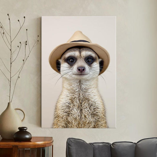 Meerkat with Hat Canvas Print | Cute Animal Wall Art for Nursery Kids Room Decor | Whimsical Animal Portrait Gift