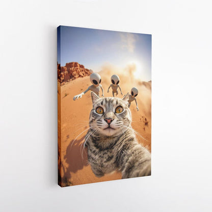 Funny Cat Selfie with Aliens Canvas Print | Sci-Fi Desert Wall Art Decor | Quirky Animal Lover Gift