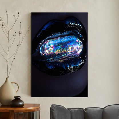 Surreal Iridescent Pill Lips Canvas Print, Futuristic Dark Art Wall Decor, Unique Modern Home Decor