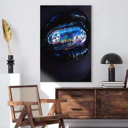 Surreal Iridescent Pill Lips Canvas Print, Futuristic Dark Art Wall Decor, Unique Modern Home Decor
