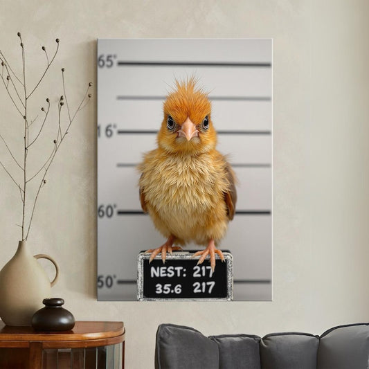 Cute Bird Mugshot Canvas Print, Funny Baby Bird Wall Art, Quirky Animal Home Decor, Nursery Kids Room Art
