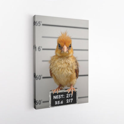 Cute Bird Mugshot Canvas Print, Funny Baby Bird Wall Art, Quirky Animal Home Decor, Nursery Kids Room Art