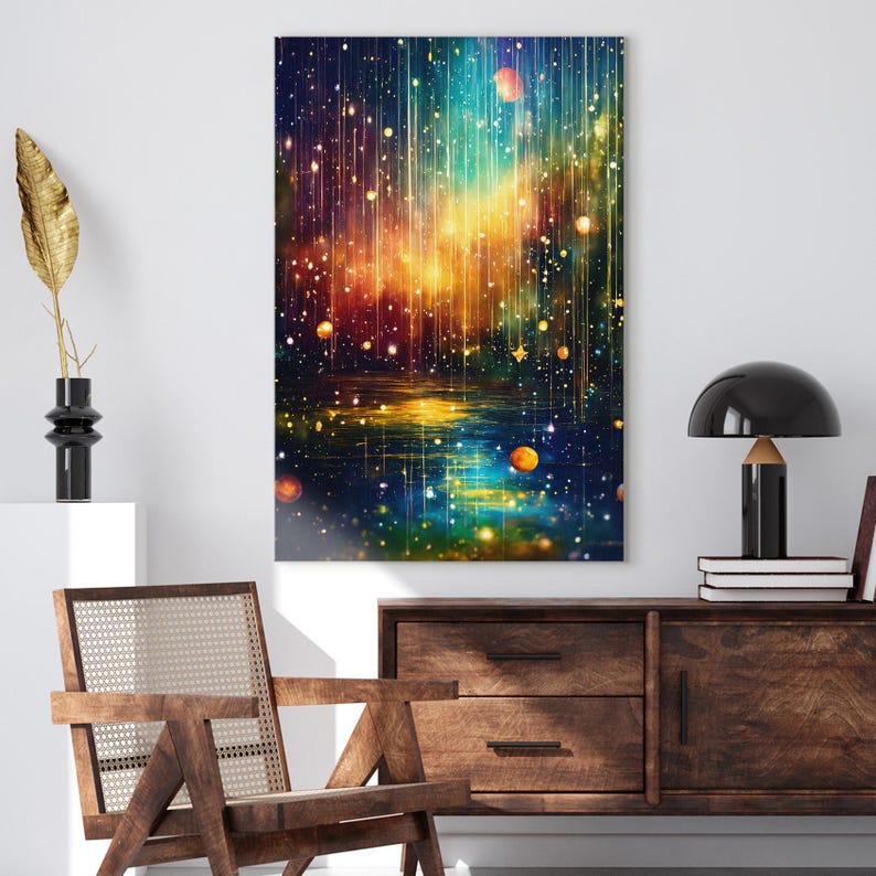 Vibrant Abstract Cosmic Canvas Print | Starry Reflection Wall Art | Glowing Orbs Home Decor