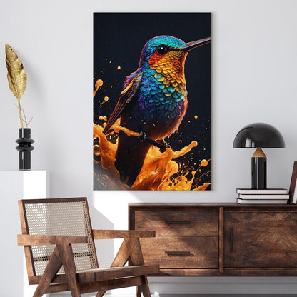 Vibrant Hummingbird Canvas Print | Colorful Bird Wall Art | Abstract Splash Art Decor | Rainbow Animal Art