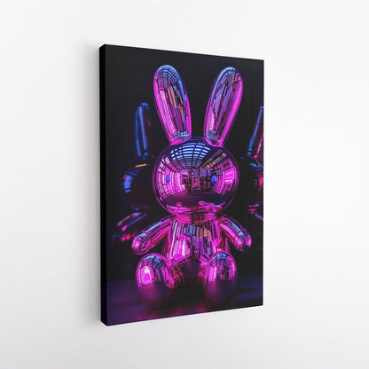 Modern Metallic Rabbit Sculpture Canvas Print | Futuristic Pink Blue Bunny Wall Art | Contemporary Pop Art Home Decor