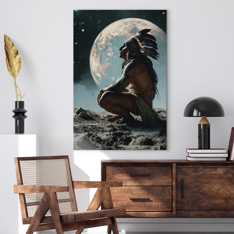Native American Man Moon Stars Canvas Print, Spiritual Indigenous Wall Art, Cosmic Tribal Home Decor, Unique Fantasy Art Print