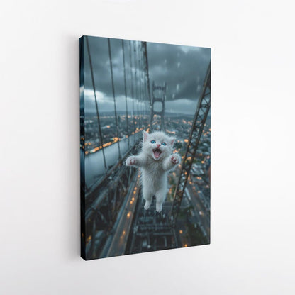 Epic Funny Jumping Cat Canvas Print | Surreal Flying Kitten Wall Art | City Bridge View Home Decor