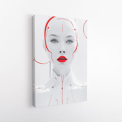 Sci Fi Cyborg Woman Canvas Wall Art, Futuristic Red White Portrait Print