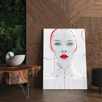 Sci Fi Cyborg Woman Canvas Wall Art, Futuristic Red White Portrait Print