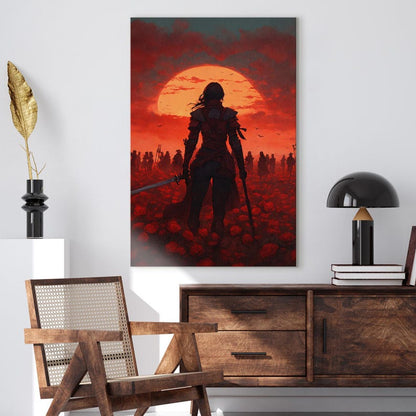 Epic Fantasy Warrior Canvas Print, Red Rose Field Wall Art, Dramatic Sunset Home Decor Gift
