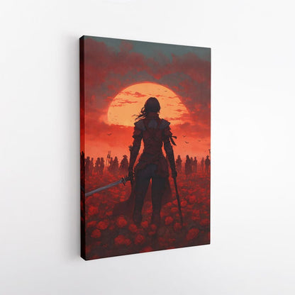 Epic Fantasy Warrior Canvas Print, Red Rose Field Wall Art, Dramatic Sunset Home Decor Gift