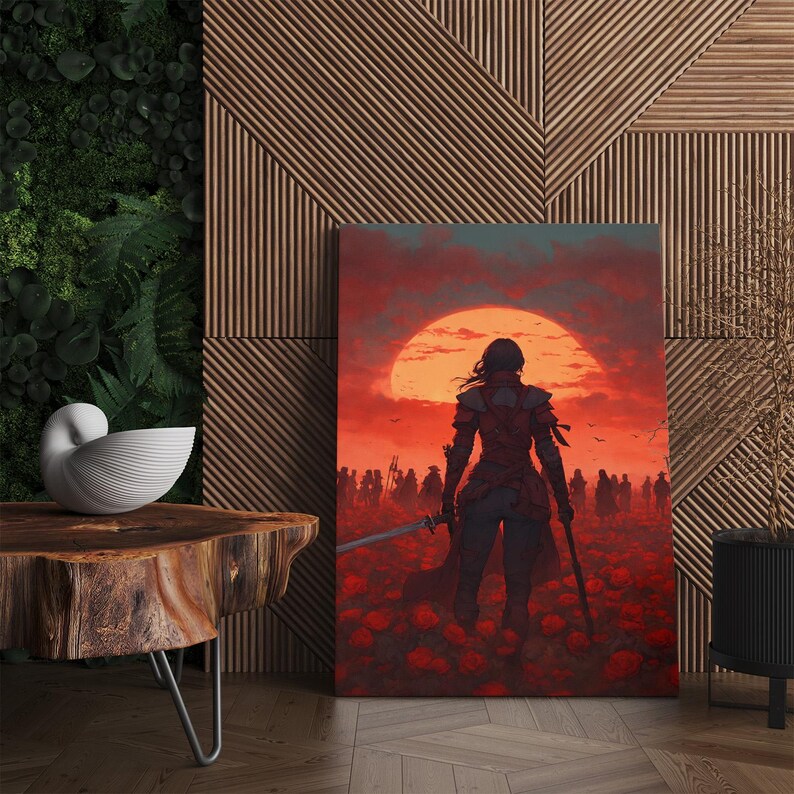 Epic Fantasy Warrior Canvas Print, Red Rose Field Wall Art, Dramatic Sunset Home Decor Gift