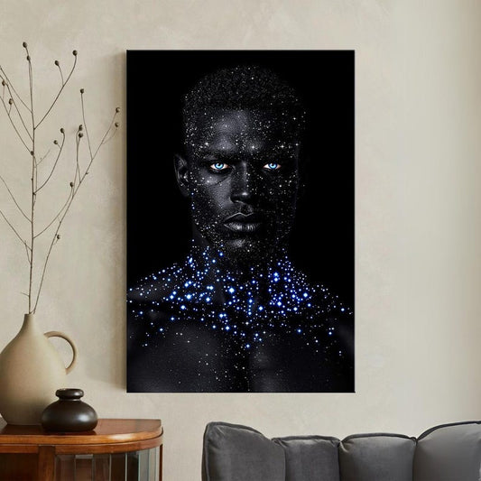 Cosmic Man Wall Art | Galaxy Body Paint Canvas Print | Striking Blue Eyes Art | Modern Fantasy Decor