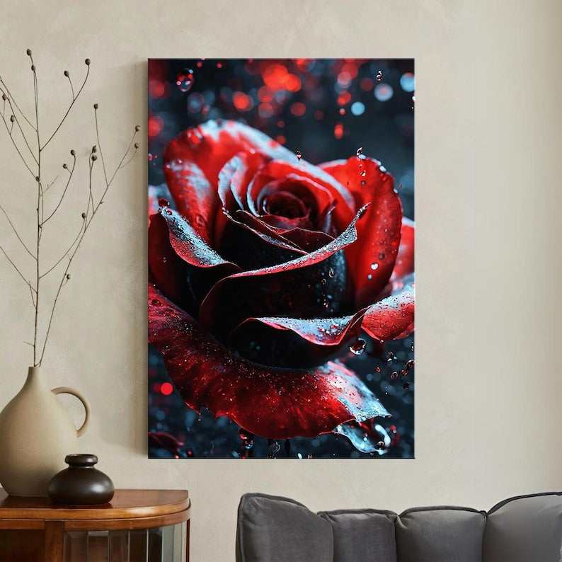 Moody Red Rose Canvas Print, Water Droplets Wall Art, Dark Floral Decor, Romantic Bedroom Art, Luxury Home Decor Gift