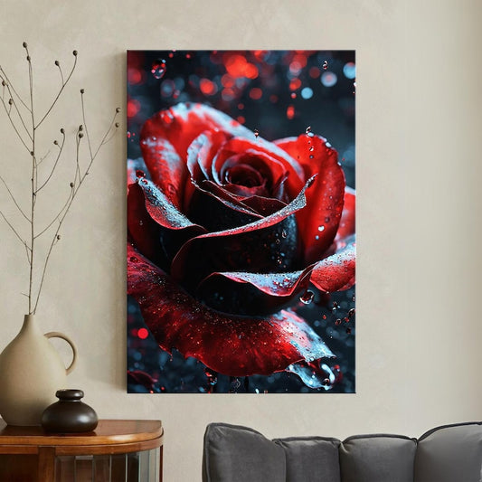 Moody Red Rose Canvas Print, Water Droplets Wall Art, Dark Floral Decor, Romantic Bedroom Art, Luxury Home Decor Gift