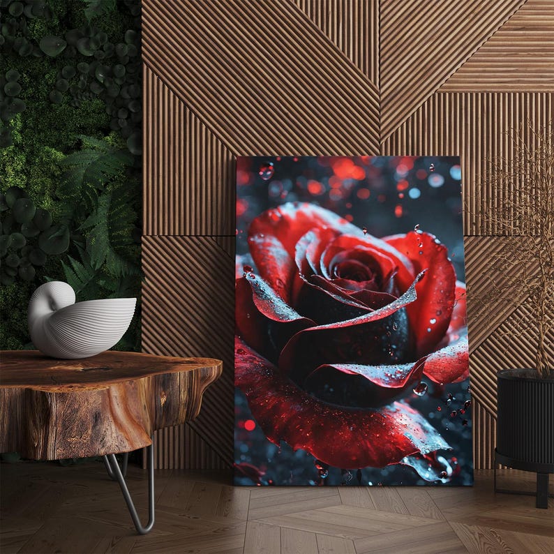 Moody Red Rose Canvas Print, Water Droplets Wall Art, Dark Floral Decor, Romantic Bedroom Art, Luxury Home Decor Gift