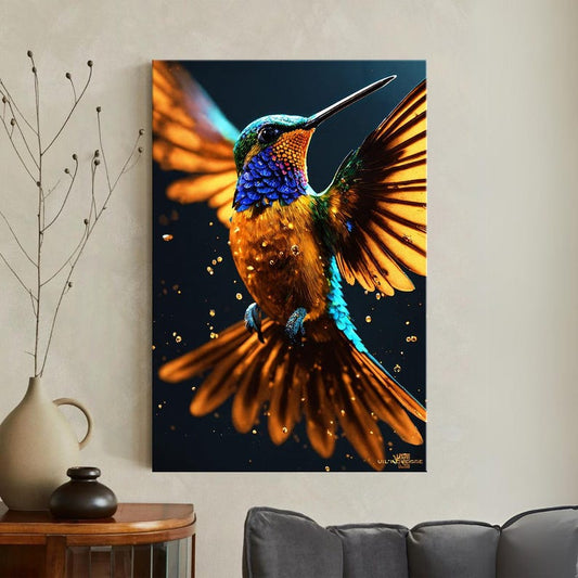 Hummingbird Canvas Print | Vibrant Colorful Bird Wall Art with Gold Dust | Exotic Home Decor | Nature Art Ready to Hang, Large Canvas