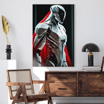 Futuristic Robot Wall Art, Cyberpunk Sci Fi Canvas Print, Metallic Silver & Red Decor, Gift for Him