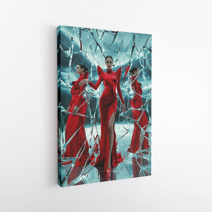 Modern Fashion Wall Art, Red Dress Broken Mirror Print, Elegant Woman Canvas Art, Luxury Decor for Living Room