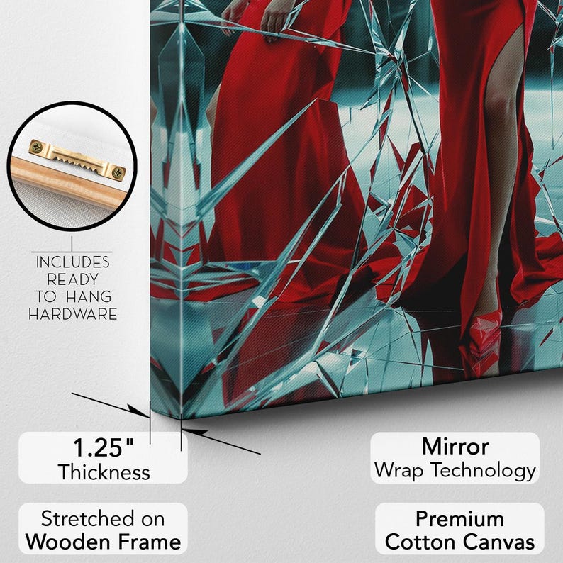 Modern Fashion Wall Art, Red Dress Broken Mirror Print, Elegant Woman Canvas Art, Luxury Decor for Living Room