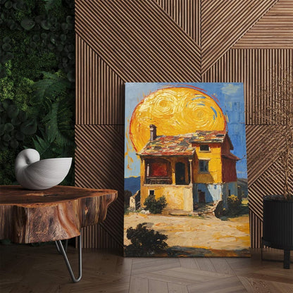 Vibrant Textured House Canvas Print | Impasto Style Landscape Wall Art | Colorful Sun Painting