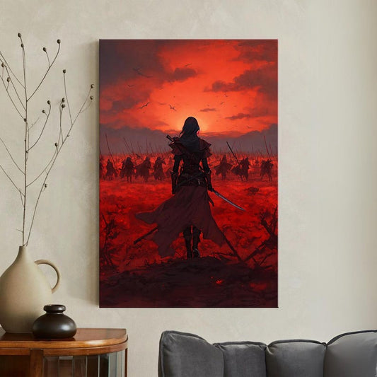 Fantasy Warrior Battle Scene Canvas Print | Epic Red Sky Dark Art Wall Decor for Game Room or Office