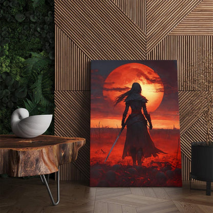 Dark Fantasy Warrior Canvas Print | Red Moon Epic Wall Art | Hooded Figure on Battlefield | Gothic Home Decor Gift for Him