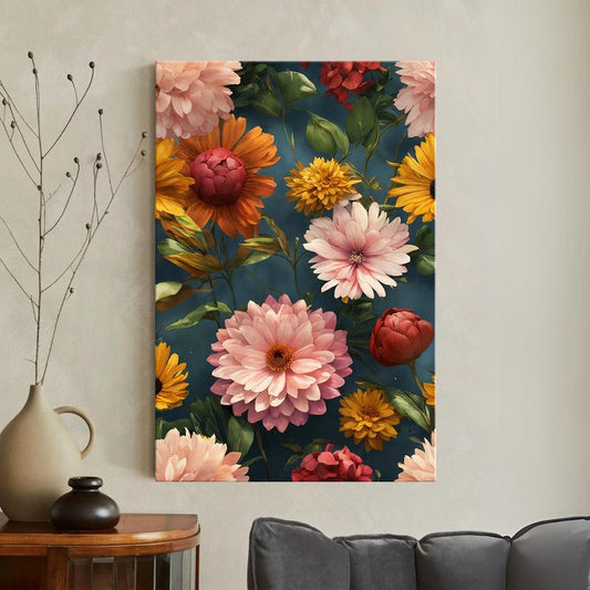 Colorful Floral Canvas Print | Botanical Flower Wall Art | Teal Background Art Print | Modern Home Decor