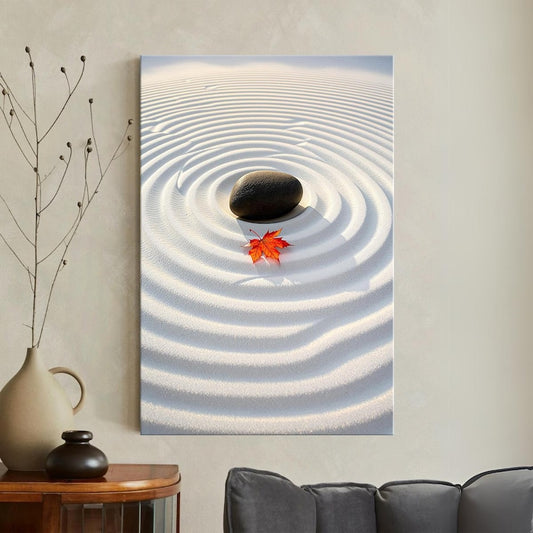 Zen Garden Canvas Print | Minimalist Meditation Wall Art | Peaceful Stone and Leaf Home Decor | Serene Nature Print