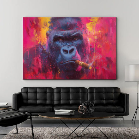 Abstract Colorful Gorilla Smoking Cigar Canvas Print, Vibrant Primate Wall Art for Modern Home Decor