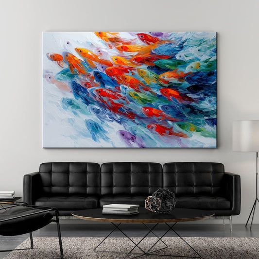 Abstract Fish Shoal Wall Art, Lake House Decor, Colourful Oil Painting Style Canvas Print, Modern Coastal Sea Ocean Life Kitchen, Livingroom