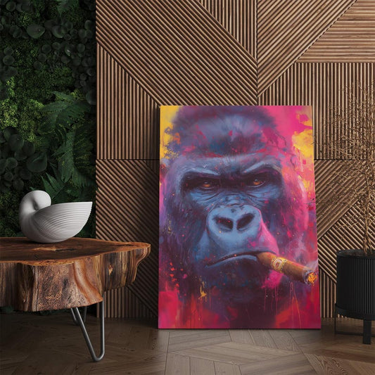 Colorful Gorilla Smoking Cigar Wall Art, Modern Animal Canvas Print, Bold Living Room Decor, Man Cave Art