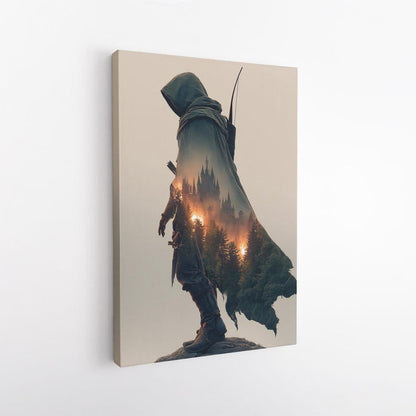 Fantasy Archer Wall Art, Hooded Figure Castle Forest Print, Epic Medieval Canvas Art Home Decor