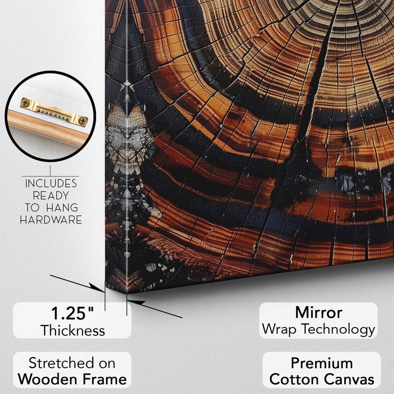 Abstract Tree Ring Wall Art | Burnt Wood Slice Canvas Print | Rustic Modern Home Decor Boho