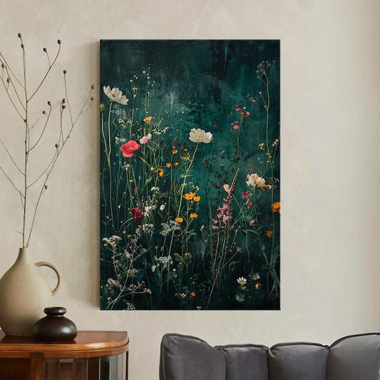Dark Moody Floral Canvas Print, Wildflower Field Wall Art, Botanical Living Room Decor, Vintage Style Art, Home Decor Gift Housewarming