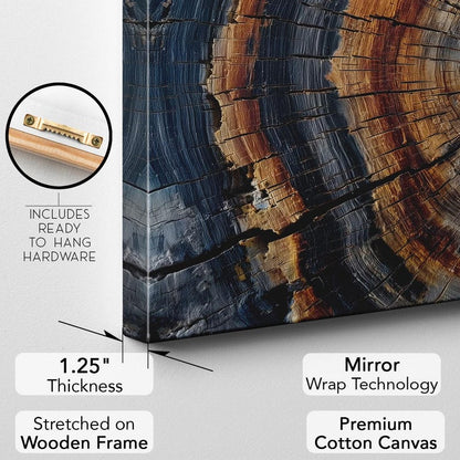 Abstract Blue Orange Tree Ring Canvas Print, Natural Wood Grain Wall Art, Rustic Modern Decor Boho