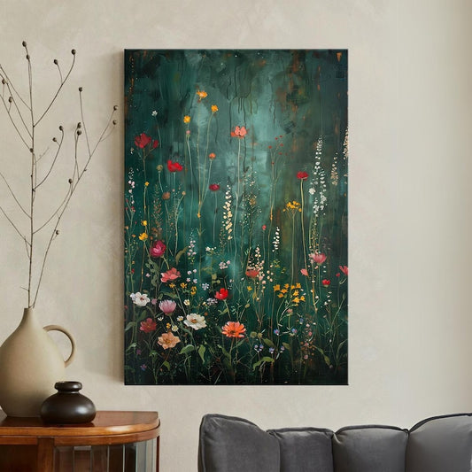 Wildflower Field Floral Canvas Print | Oil Painting Style Wall Art | Dark Botanical Garden Art, Vintage Home Decor Gift, Modern Farmhouse