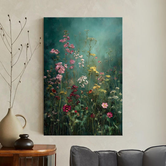Wildflower Field Canvas Print | Dark Moody Floral Botanical Wall Art | Flower Field Oil Paint Style | Vintage Home Decor, Modern Farmhouse