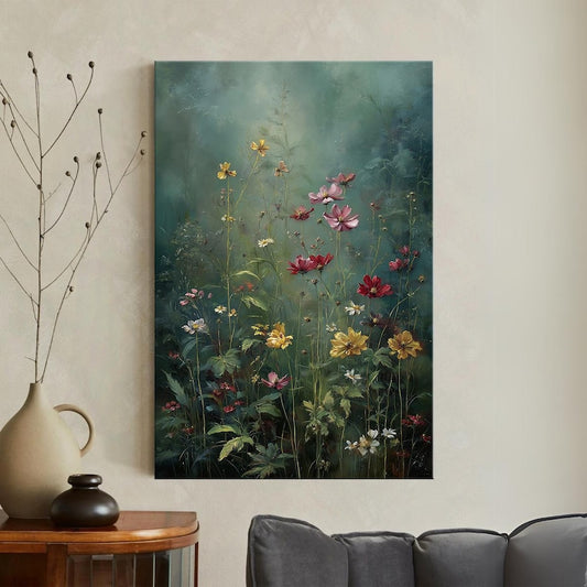 Wildflower Field Framed Wall Art, Vintage Botanical Landscape Sign, Floral Decor, Modern Farmhouse Canvas Art, Field Of Flowers Canvas Print