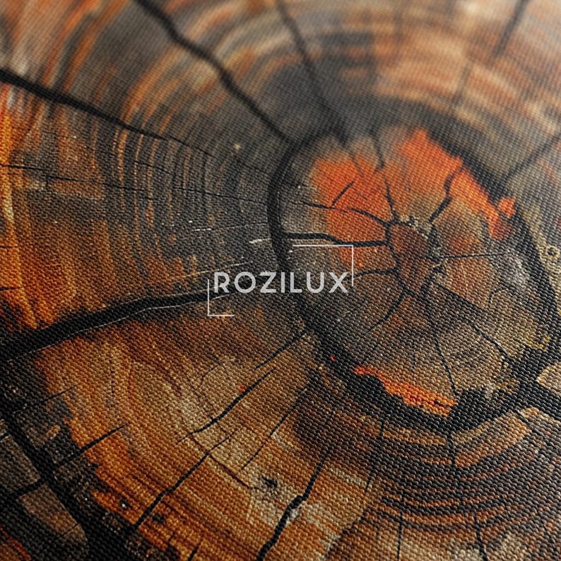 Abstract Tree Ring Canvas Print, Rustic Wood Slice Wall Art, Nature Decor, Earthy Orange & Black Print