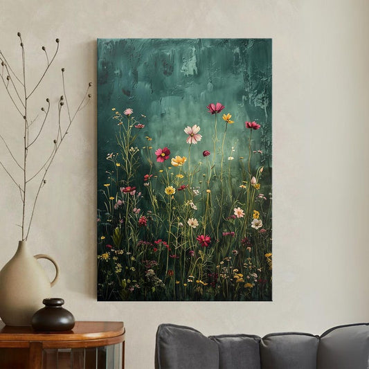 Wildflower Field Framed Wall Art, Vintage Botanical Landscape Sign, Floral Decor, Modern Farmhouse Canvas Art, Field Of Flowers Canvas Print