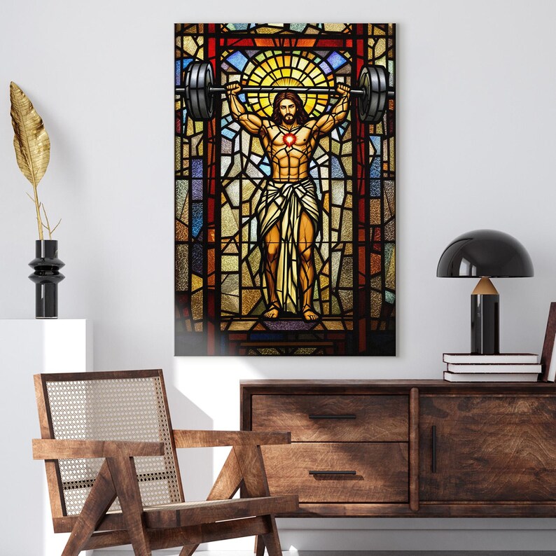 Stained Glass Weightlifting Jesus Canvas Print | Unique Religious Gym Art | Funny Workout Decor | Christian Home Wall Art