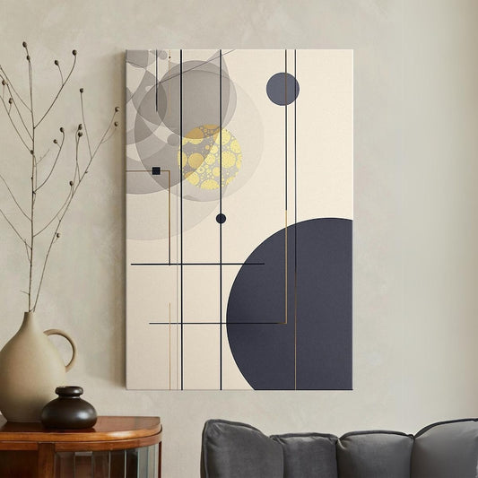 Abstract Geometric Art Canvas Print | Modern Circle Line Wall Decor | Neutral Gold Blue Minimalist Home Decor