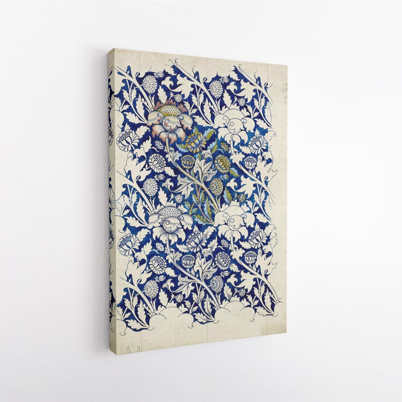 William Morris Vintage Blue Floral Pattern Canvas Print | Botanical Arts and Crafts Wall Art