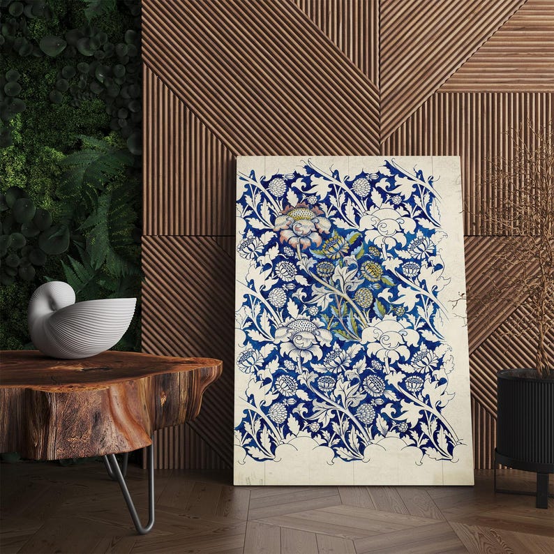 William Morris Vintage Blue Floral Pattern Canvas Print | Botanical Arts and Crafts Wall Art