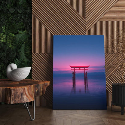 Japanese Torii Gate Canvas Print, Pink Sunset Floating Gate Wall Art, Serene Japan Landscape Art for Home Decor